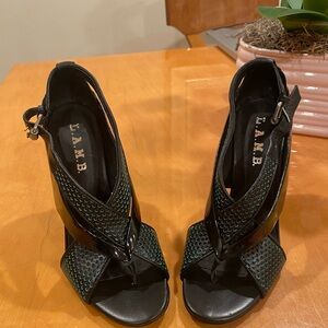 L.A.M.B. Black Peep-Toe Leather Heels